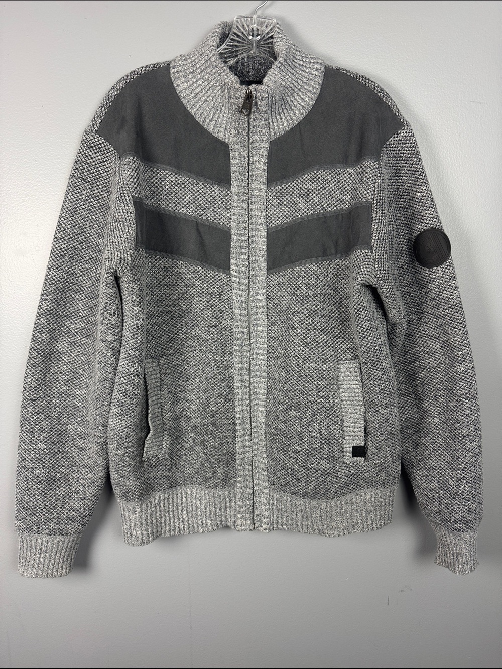 Buffalo David Bitton Gray Full Zip Knit Sweater Jacket Plaid Fleece Lined Medium